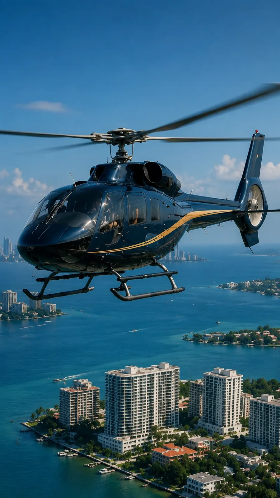 A charter helicopter in flight over the coast